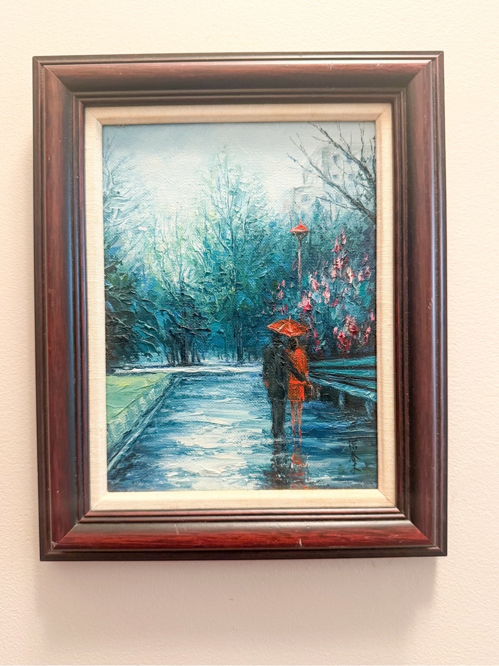 Vintage Framed Oil on Board Painting Romantic Rainy Couple Walking in Park